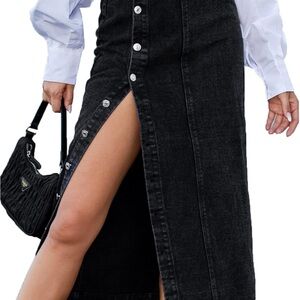 Black Denim Button-Front Skirt